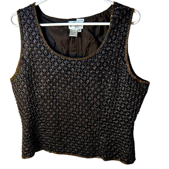 vintage silk beaded brown sleeveless blouse y2k size 16 - Picture 3 of 10